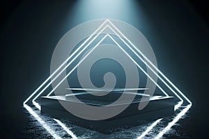 Glowing neon triangular platform in dark setting
