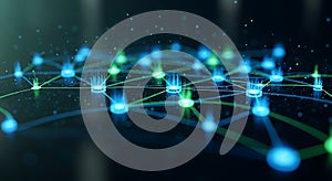 Futuristic glowing network nodes connect in digital data flow for it technology