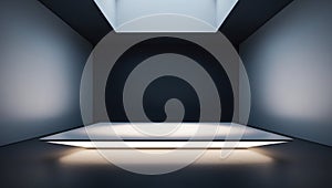 Futuristic glowing platform in dark room.