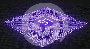 Futuristic glowing purple cpu chip with intricate circuitry digital technology concept