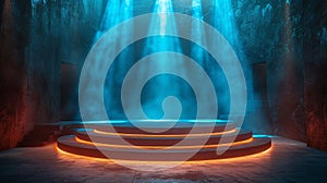 Futuristic Glowing Stage with Dramatic Blue Spotlight