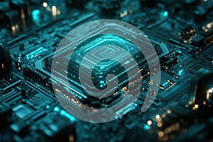 Futuristic glowing teal circuit board central processing unit technology Background