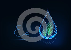 Futuristic glowing transparent low polygonal water drop with green leaves and text eco.