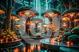 Futuristic glowing trees in a surreal garden at night