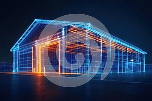 Futuristic glowing wireframe warehouse in dark background