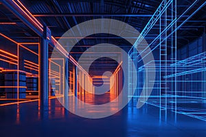 Futuristic glowing wireframe warehouse in dark background