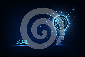 Futuristic goal, achievement concept with glowing low polygonal light bulb and target isolated on dark blue
