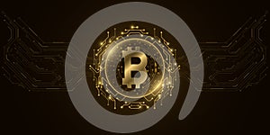 Futuristic golden Bitcoin digital currency. Computer circuit board pattern. Concept of online cryptocurrency mining. Sci-fi design