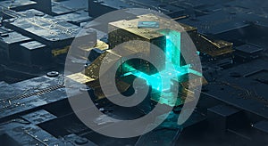 Futuristic golden processor core glowing cyan