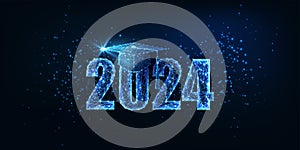 Futuristic graduation 2024 concept banner with glowing low polygonal graduation hat on dark blue