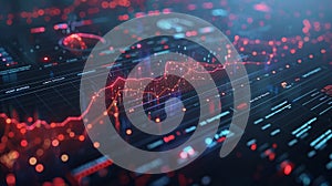 Futuristic graphical user interface with a deep blue background displaying various digital graphs, data analytics, and