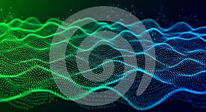 Futuristic green and blue digital sound wave with connecting lines and dots for data visualization
