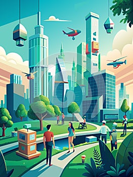 Futuristic Green Cityscape with People and Flying Cars Plastic Bag Free Day