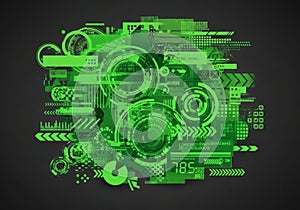 Futuristic Green Digital Interface with Technical Data and Abstract Technology Elements