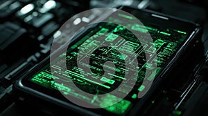 Futuristic green display showing complex data on a circuit board