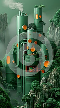 Futuristic Green Eco Friendly Industrial Complex Nestled Among Mountains with Orange Accents and Misty Background Illustration