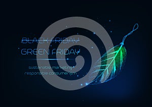 Futuristic green Friday concept with glowing low poly leaf tag and text on dark blue background