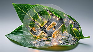 Futuristic Green Leaf with Integrated Circuit and Glowing Technology