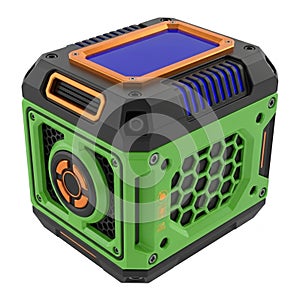 Futuristic Green and Orange Cube Gadget with Blue Display and Vents technology device