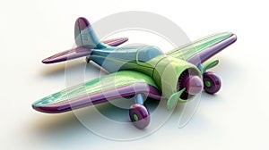 Futuristic green purple toy airplane isolated on a white background. Concept of kids friendly toys, aviation playthings