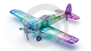 Futuristic green purple toy airplane isolated on a white background. Concept of kids friendly toys, aviation playthings