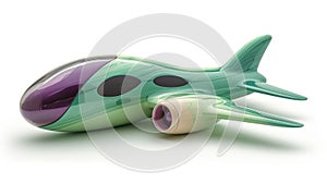 Futuristic green purple toy airplane isolated on a white background. Concept of kids friendly toys, aviation playthings