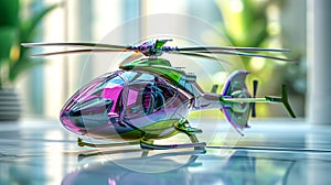 Futuristic green purple toy helicopter on blurred background. Concept of kids friendly toys, aviation playthings
