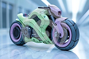 Futuristic green purple toy motorbike on light background. Concept of kids friendly toys, transport-themed playthings