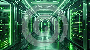 The futuristic green server aisle.AI generated image