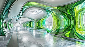 Futuristic green and white wavy corridor in a modern building.