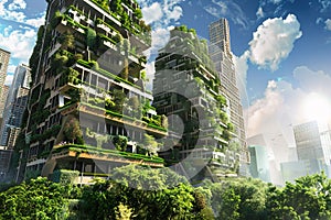 Futuristic greenery-covered buildings amidst a cityscape., sustainability initiatives., AI Generated