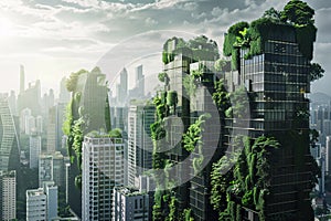 Futuristic greenery-covered buildings amidst a cityscape., sustainability initiatives., AI Generated