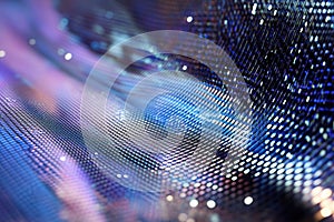 Futuristic grid with holographic effects in blue and silver, creating a high-tech digital interface