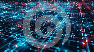Futuristic grid pattern background with AI nodes and data streams
