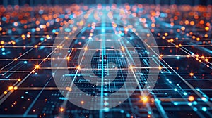 Futuristic grid pattern background with interconnected AI nodes and data streams