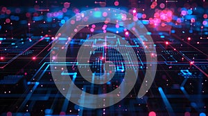 Futuristic grid pattern background with interconnected AI nodes and data streams