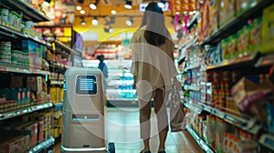 Futuristic grocery shopping: A woman assisted by a robotic assistant in a colorful supermarket