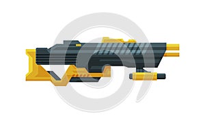 Futuristic Gun Blaster, Yellow and Black Space Handgun, Raygun of Alien, Childish Pistol Vector Illustration