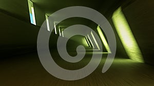 futuristic hall with green glowing light 3d rendering