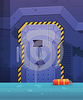 Futuristic hallway with broken combination lock panel elevator doors at night. Broken lifts