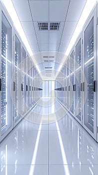 Futuristic Hallway of a Modern Data Center