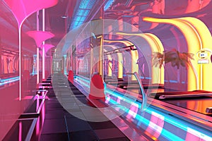 A Futuristic Hallway With Neon Lights and a Palm Tree, A visually striking representation of futuristic fitness trends, AI