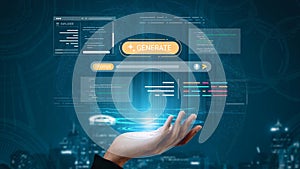 Futuristic Hand Holding User Interface Elements for Technology, Generative Design, Programming, and Digital Innovation