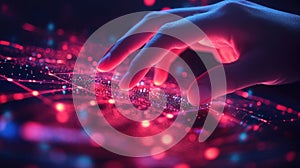 Futuristic Hand Interacting with Digital Interface and Neon Lights