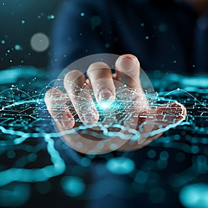 Futuristic hand interacting with digital network and glowing data