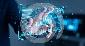 Futuristic hand interacting with glowing blue digital data interface