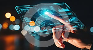 Futuristic hand interacting with glowing digital interface displaying data and analytics