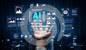 Futuristic Hand Reaching for AI Interface with Digital Elements and Data Visualizations Representing Technology and