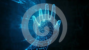 Futuristic hand reaching for a glowing blue digital interface with network like patterns