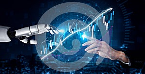 Futuristic Hand of Robot and Human Interacting with Digital Data Analytics and Financial Graphs Impute